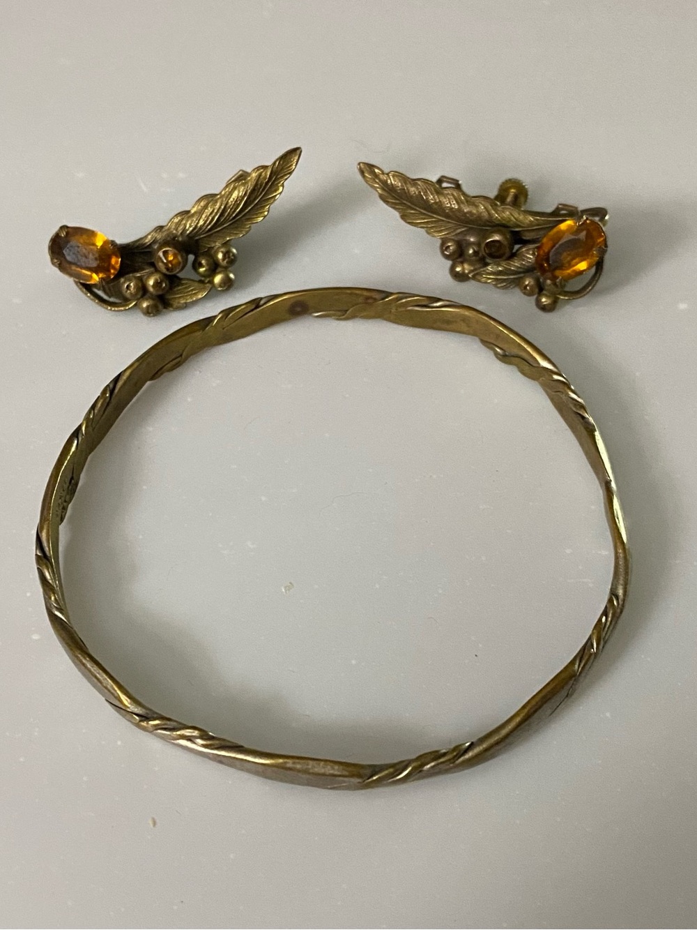 Gold Tone Amber Leaf Bangle stamped Taxco 92.5 and Clip Earrings Set stamped Pat